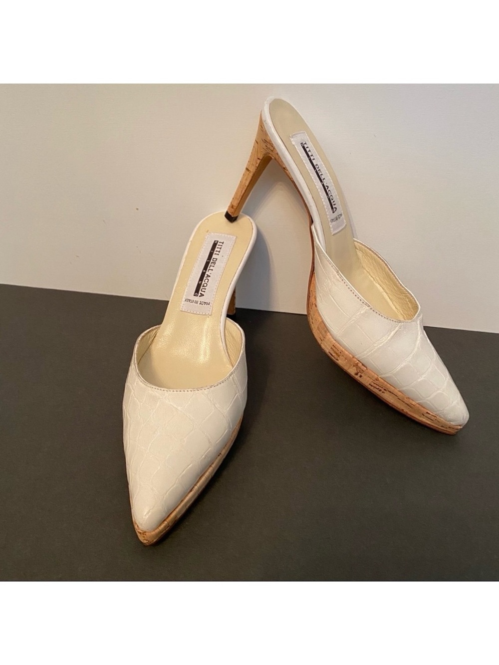 Titti Dell ‘Acqua SHOES Mules white leather Croc look heels Italy Size 37.5 7